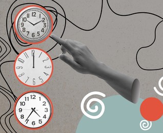 Image of Female hand pointing at clock on color background. Creative time related collage