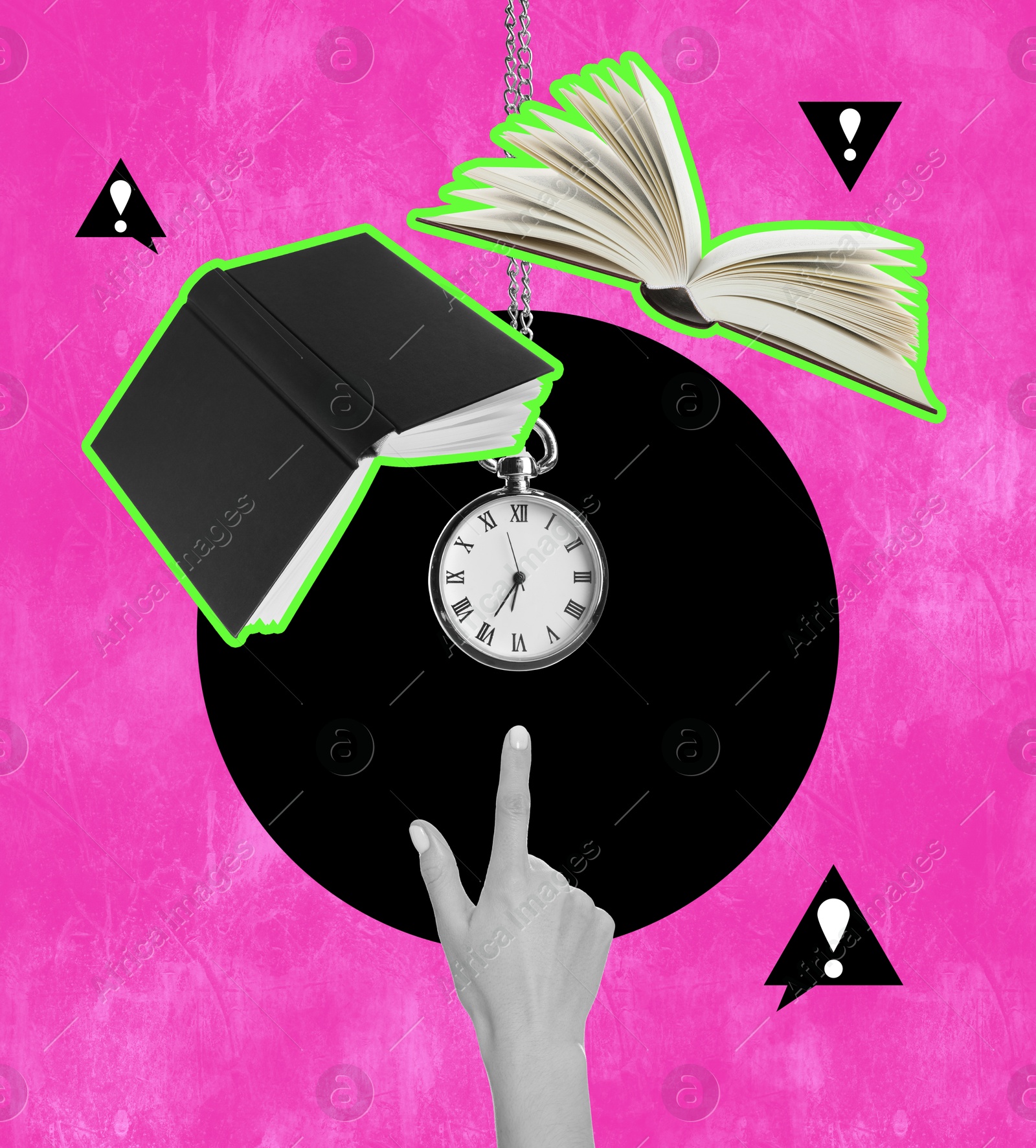 Image of Time concept. Creative collage with female hand, pocket watch and flying books on color background