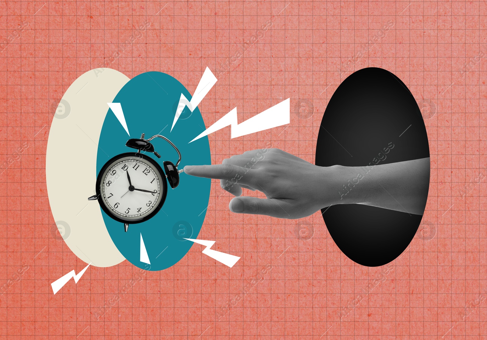 Image of Time concept. Creative collage with female hand and alarm clock on color background