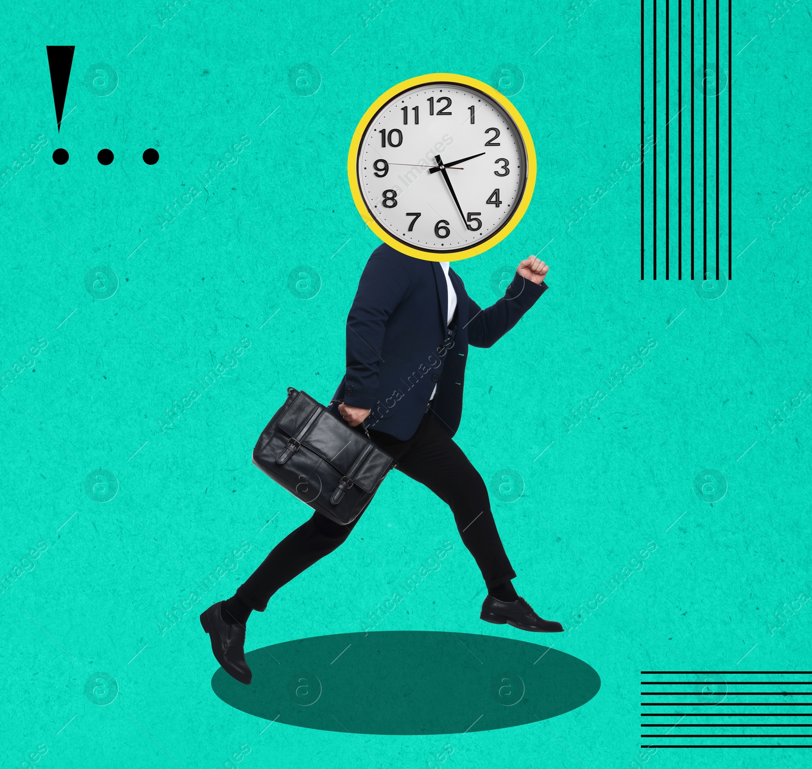 Image of Businessman with clock head running on turquoise background. Time management, creative collage