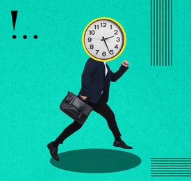 Businessman with clock head running on turquoise background. Time management, creative collage