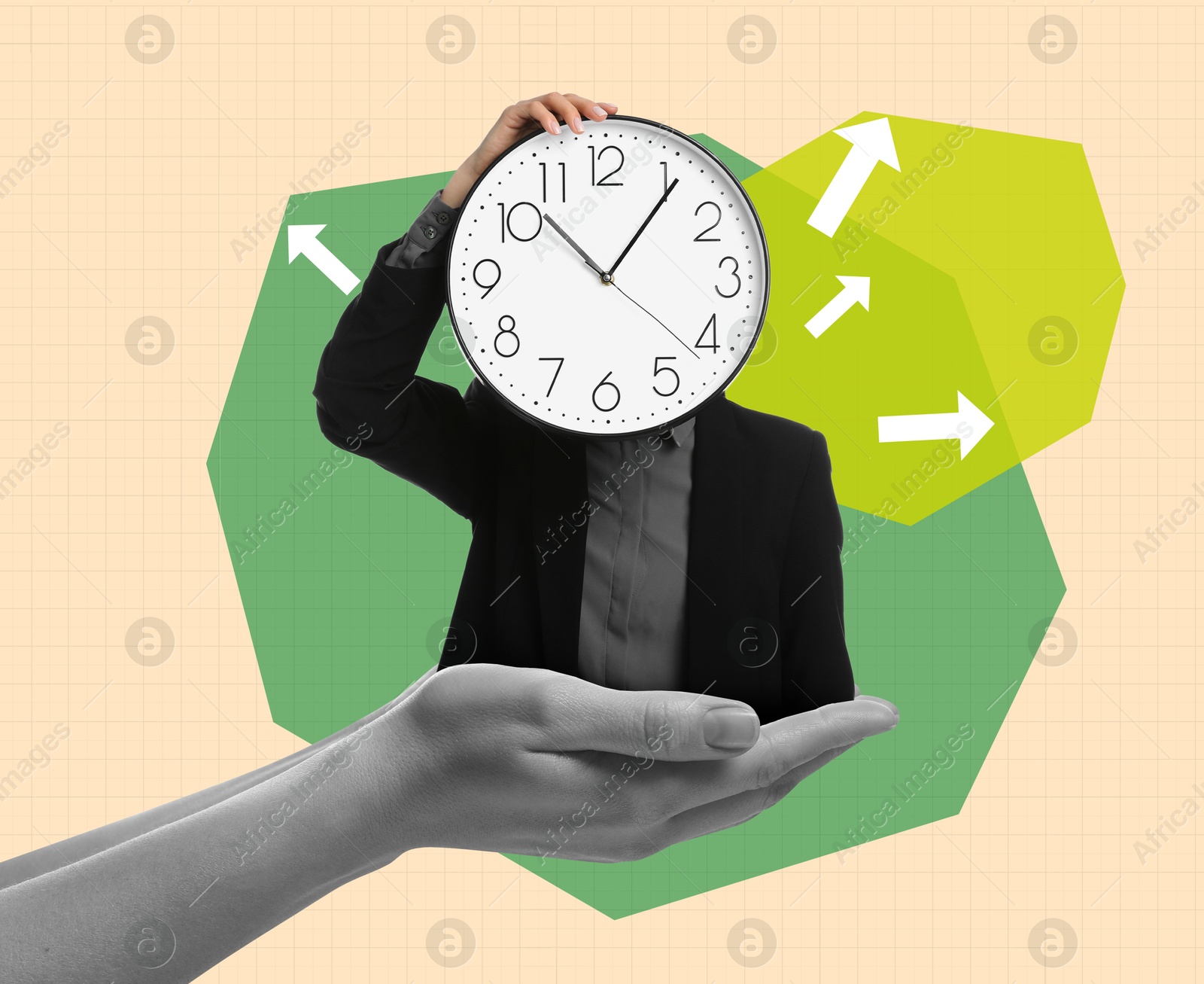 Image of Time management. Businesswoman with clock head on color background, creative collage