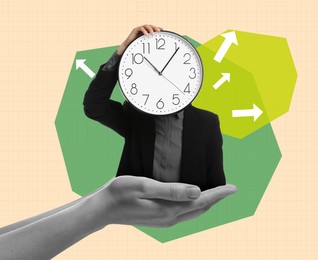 Time management. Businesswoman with clock head on color background, creative collage