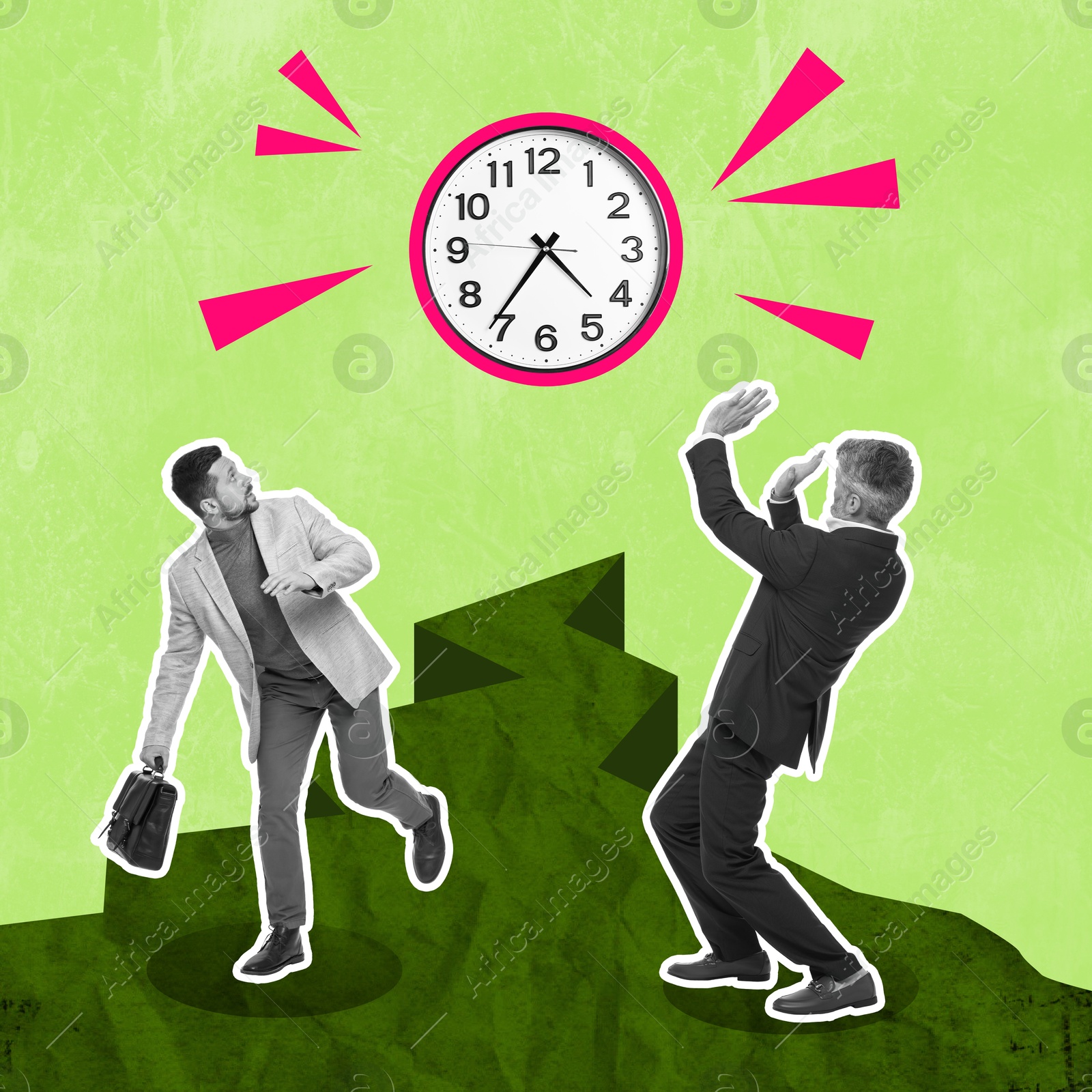 Image of Time management. Creative collage with clock and frightened businessmen on color background