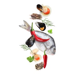 Image of Different sea food in air on white background