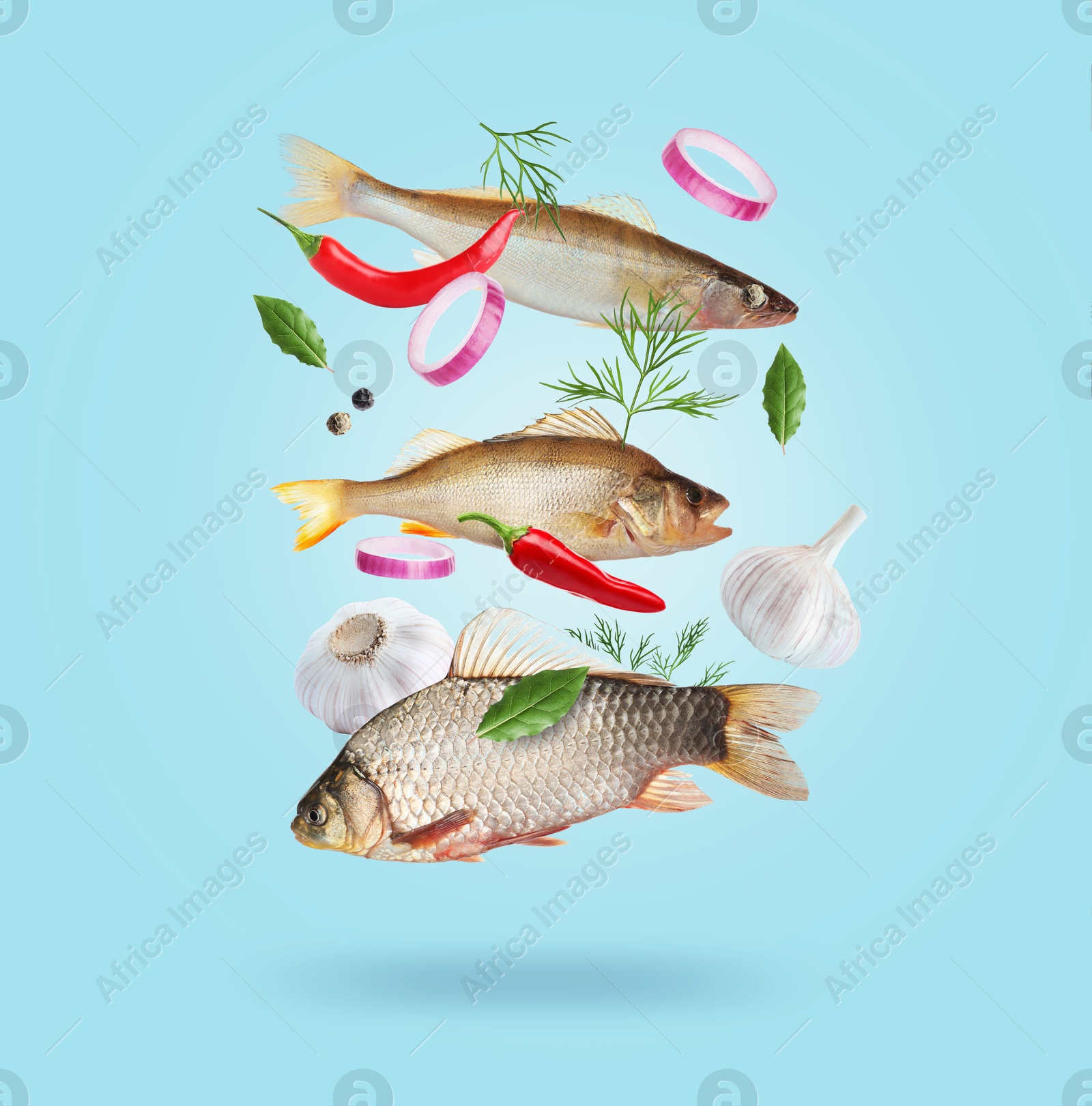 Image of Different sea food in air on light blue background