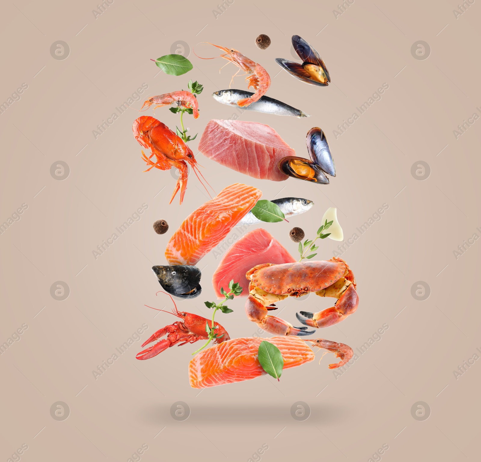 Image of Different sea food in air on dark beige background