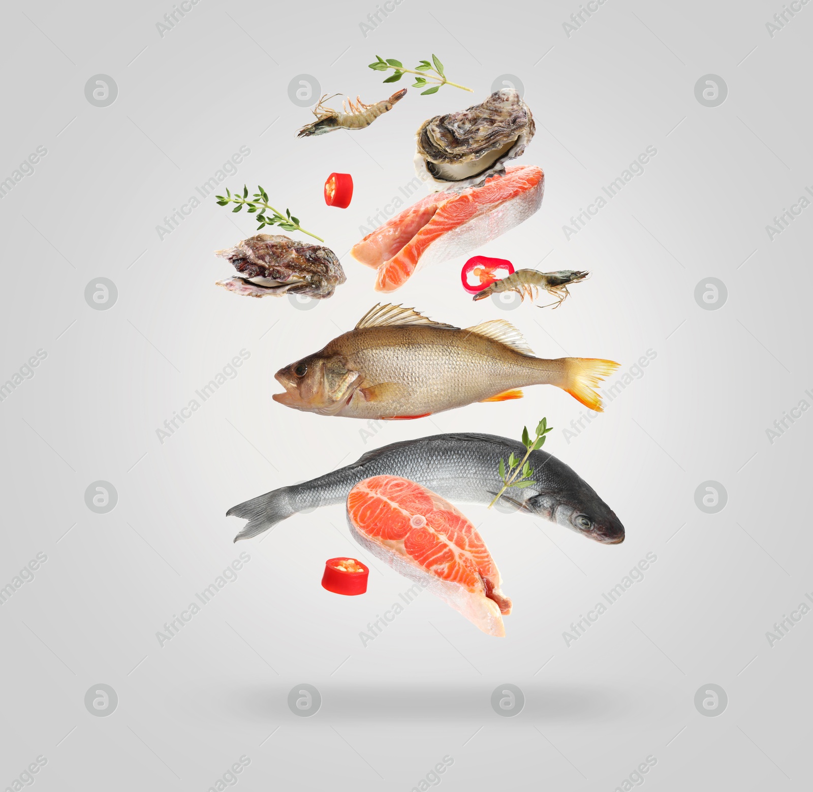 Image of Different sea food in air on light grey background