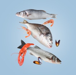 Image of Different sea food in air on light blue background