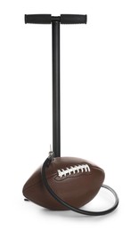 Photo of American football ball and manual air pump isolated on white