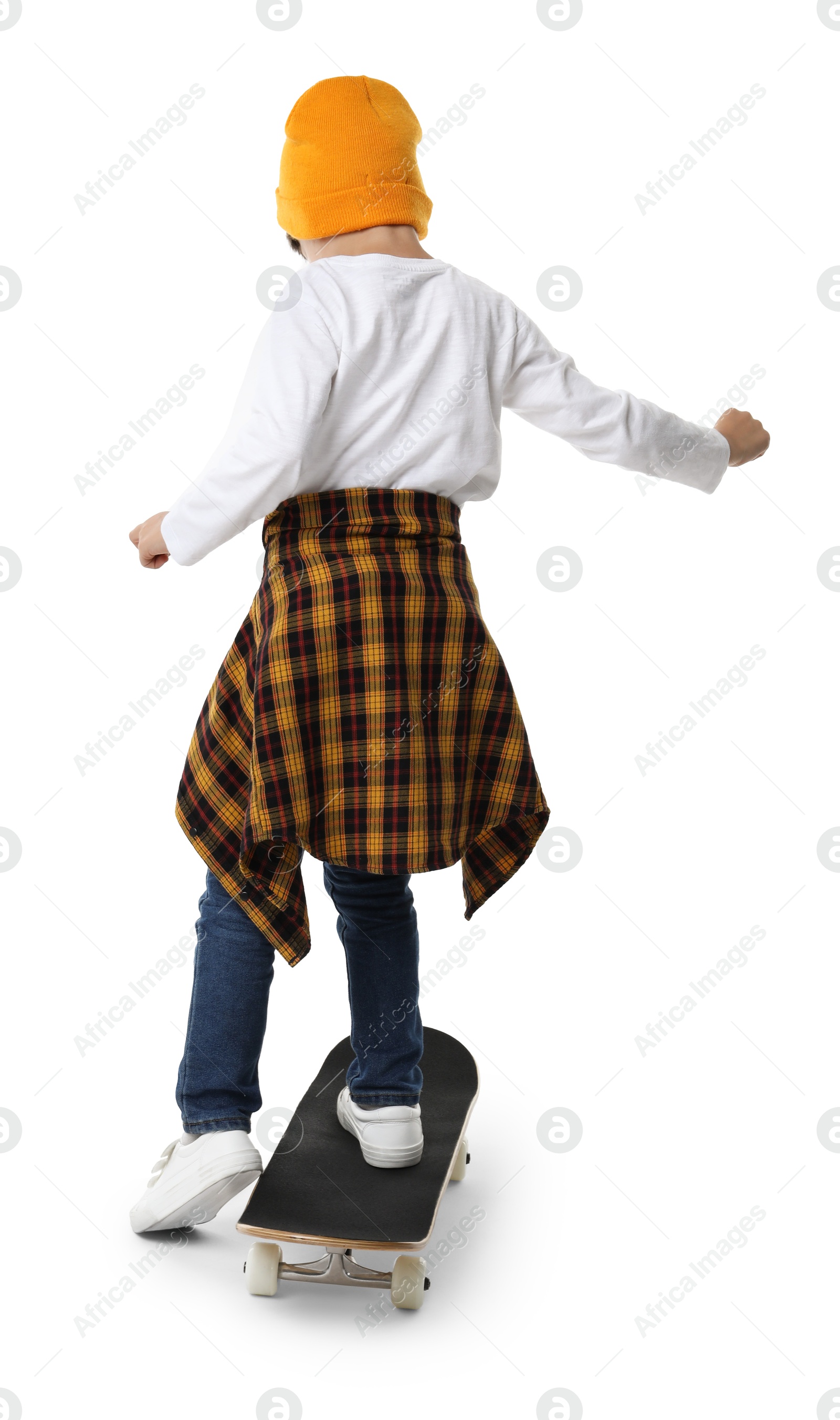 Photo of Little boy with skateboard on white background, back view