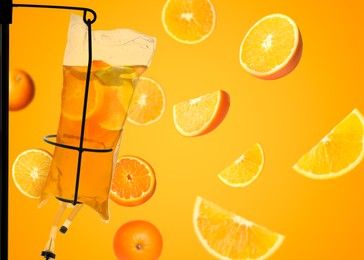 Image of Vitamin intravenous therapy. IV infusion set and falling oranges on bright background