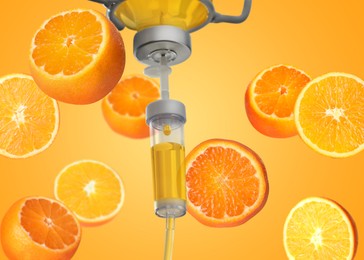 Image of Vitamin intravenous therapy. IV infusion set and falling oranges on bright background