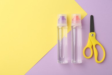 Transparent glue and scissors on color background, flat lay. Space for text