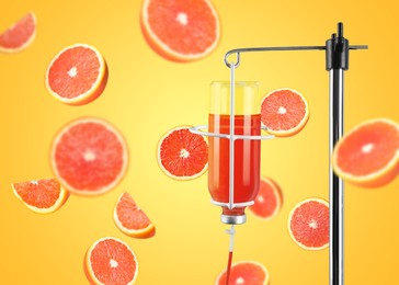 Image of Vitamin intravenous therapy. IV infusion set and falling grapefruits on orange background