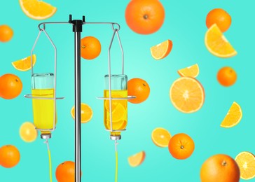 Image of Vitamin intravenous therapy. IV infusion set and falling oranges on turquoise background