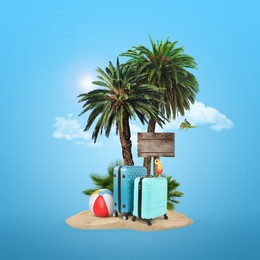 Image of Summer travel. Pile of sand with palms, suitcases, wooden direction sign, beach ball and cocktail under clouds on light blue background