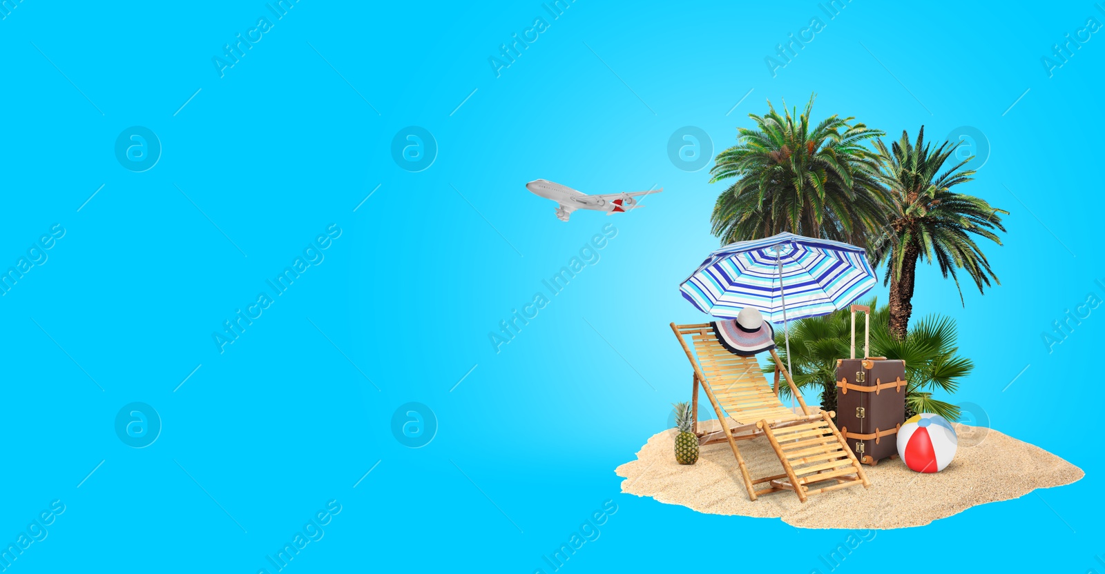 Image of Summer travel, banner design. Pile of sand with palms, suitcase, sunlounger, beach umbrella and ball on light blue background, space for text. Plane flying over island