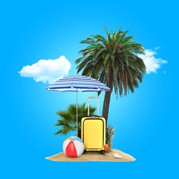 Summer travel. Pile of sand with palms, suitcase, cocktail, beach ball and umbrella under clouds on light blue background