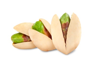 Image of Unshelled pistachios on white background. Tasty nut