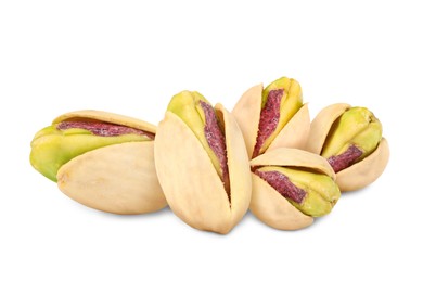 Image of Unshelled pistachios on white background. Tasty nut