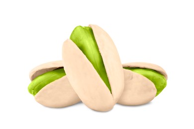 Image of Unshelled pistachios on white background. Tasty nut