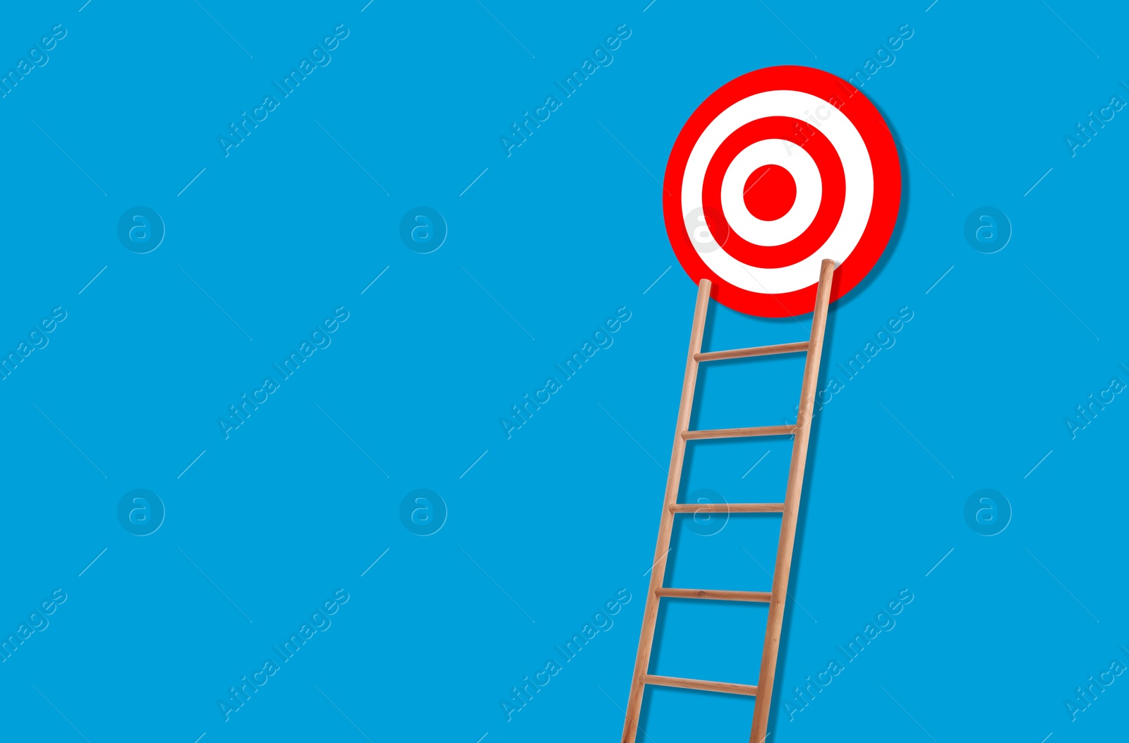 Image of Ladder leading to target on light blue background, space for text. Concepts of success and goal achievement