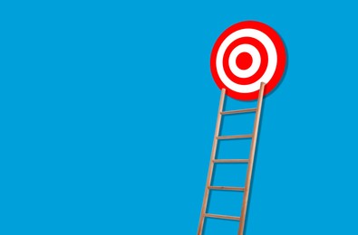 Image of Ladder leading to target on light blue background, space for text. Concepts of success and goal achievement