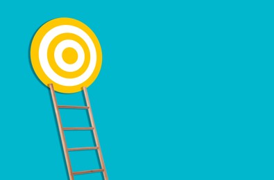 Image of Ladder leading to target on dark turquoise background, space for text. Concepts of success and goal achievement