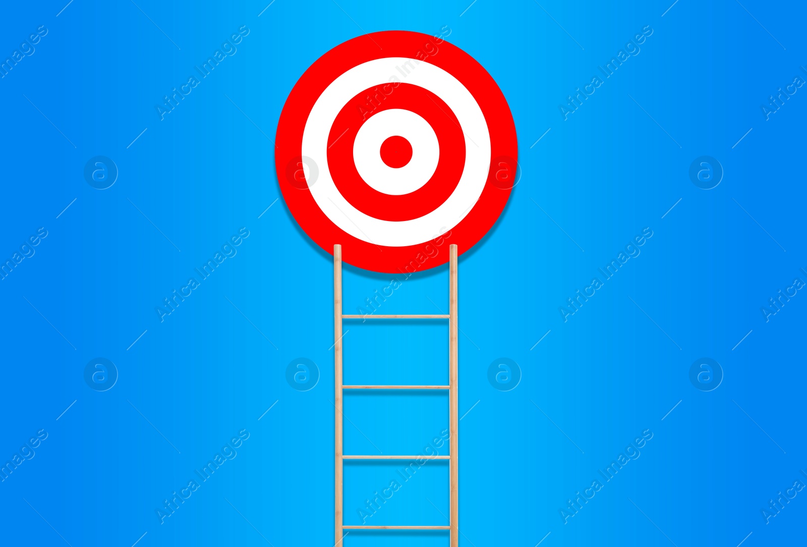 Image of Ladder leading to target on blue background. Concepts of success and goal achievement