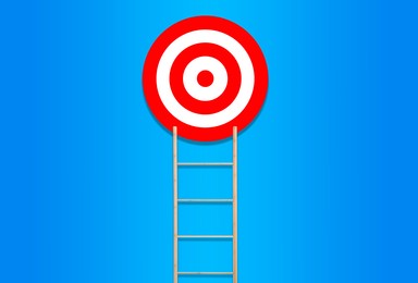 Image of Ladder leading to target on blue background. Concepts of success and goal achievement