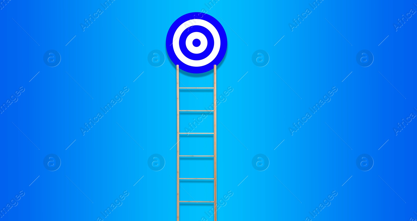 Image of Ladder leading to target on blue background, banner design. Concepts of success and goal achievement