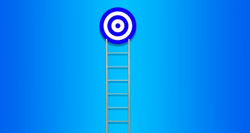 Image of Ladder leading to target on blue background, banner design. Concepts of success and goal achievement