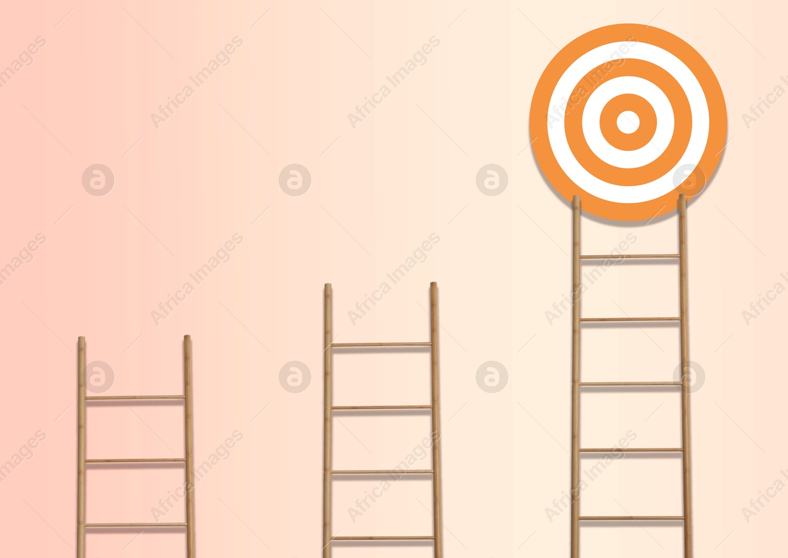 Image of One of ladders leading to target on color background. Concepts of success and goal achievement