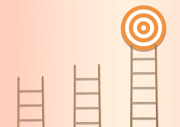 Image of One of ladders leading to target on color background. Concepts of success and goal achievement