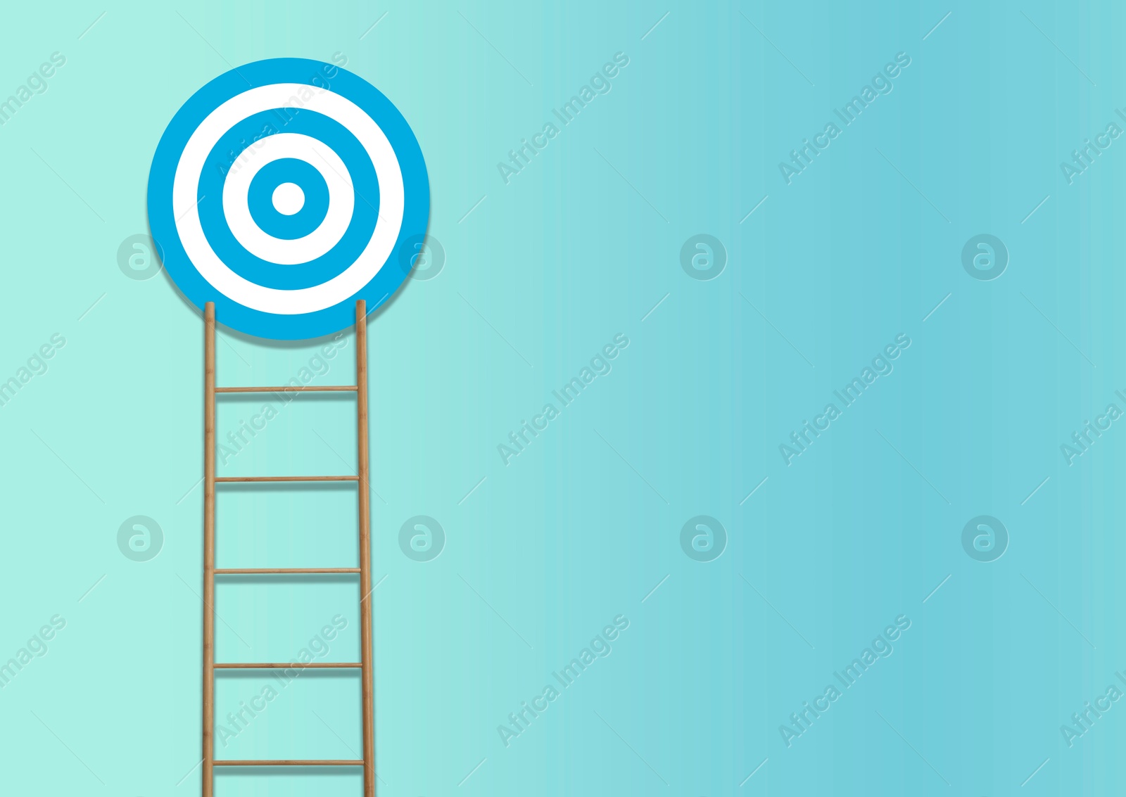 Image of Ladder leading to target on turquoise background, space for text. Concepts of success and goal achievement