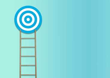 Image of Ladder leading to target on turquoise background, space for text. Concepts of success and goal achievement