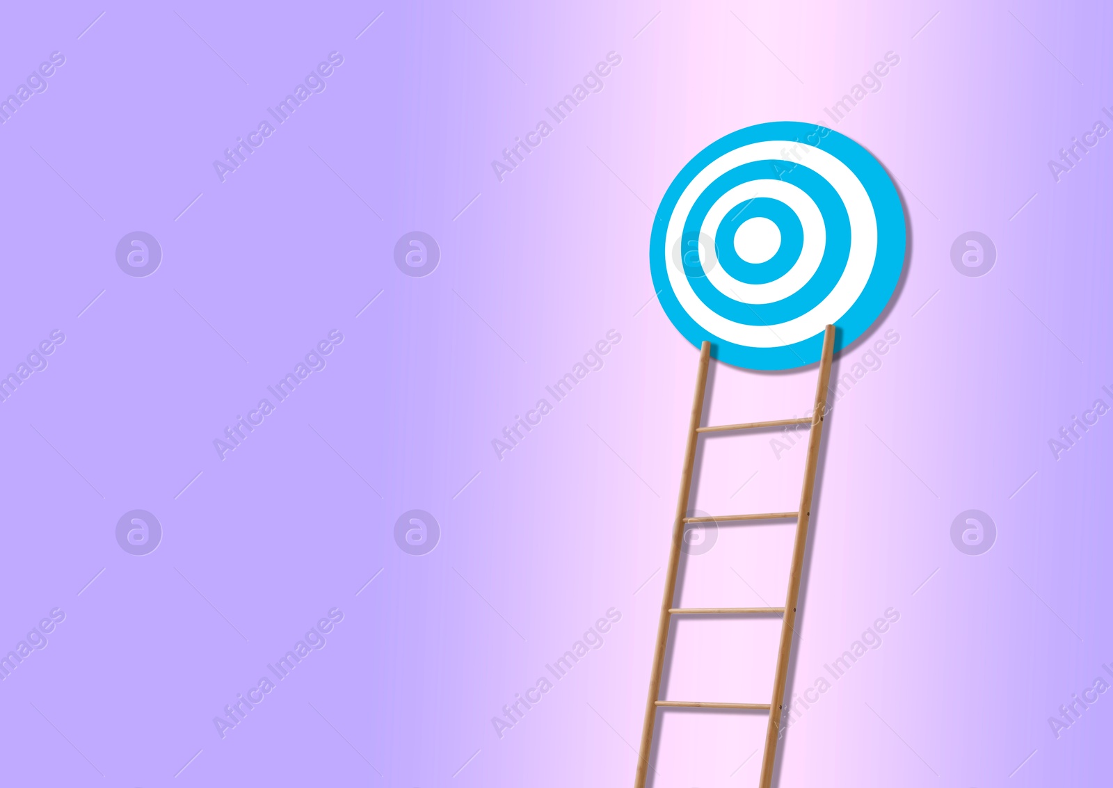 Image of Ladder leading to target on violet background, space for text. Concepts of success and goal achievement