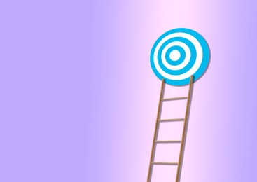 Image of Ladder leading to target on violet background, space for text. Concepts of success and goal achievement