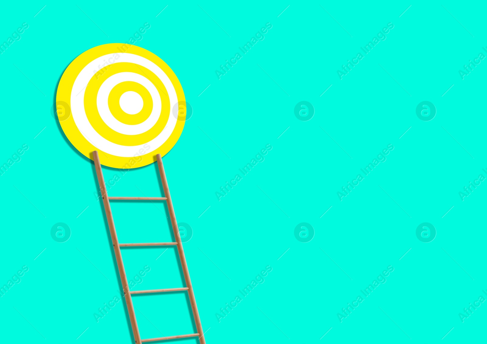 Image of Ladder leading to target on turquoise background, space for text. Concepts of success and goal achievement