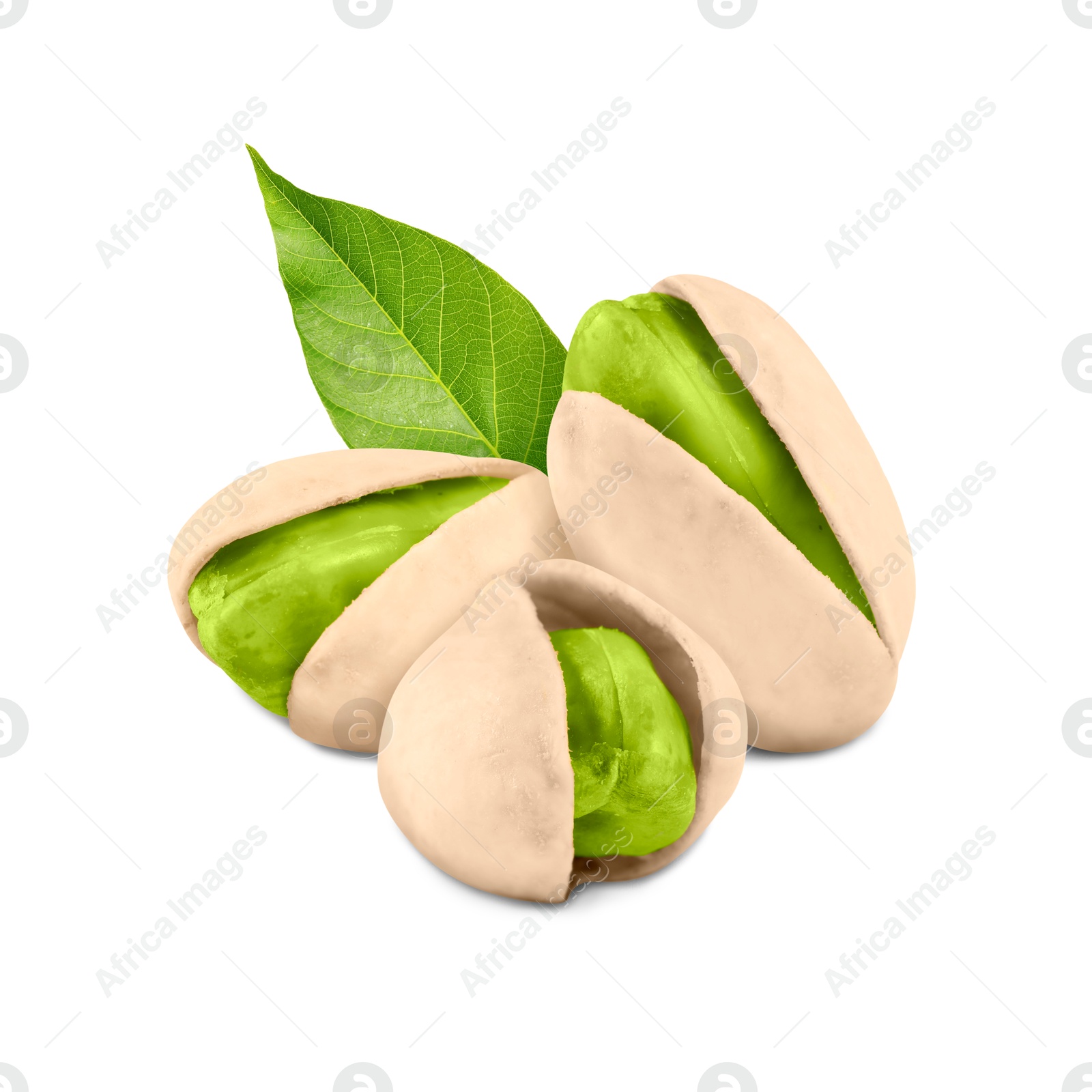 Image of Unshelled pistachios and green leaf on white background. Tasty nut