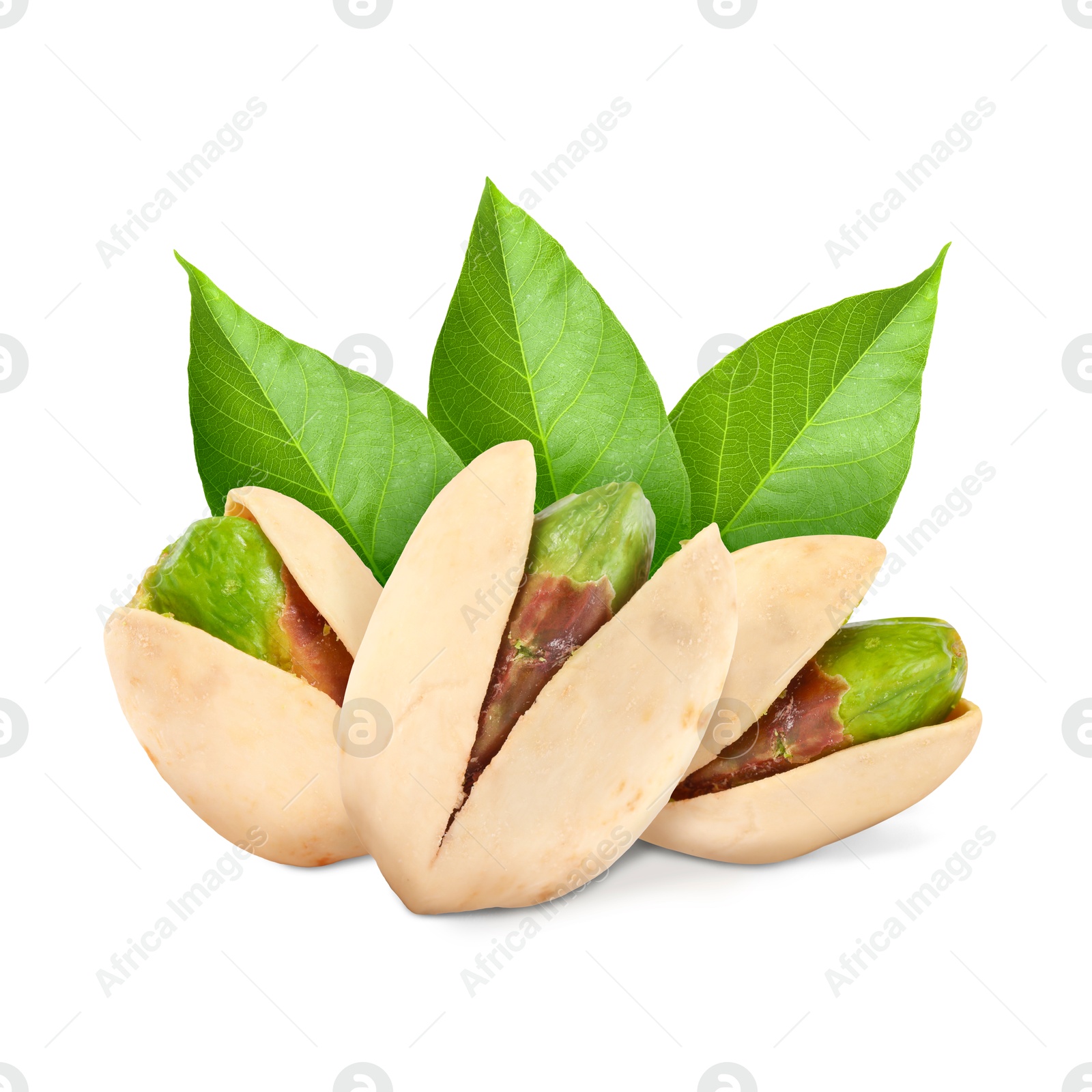 Image of Unshelled pistachios and green leaves on white background. Tasty nut