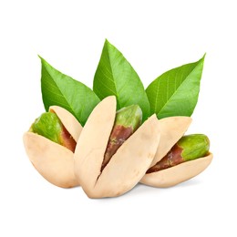 Unshelled pistachios and green leaves on white background. Tasty nut