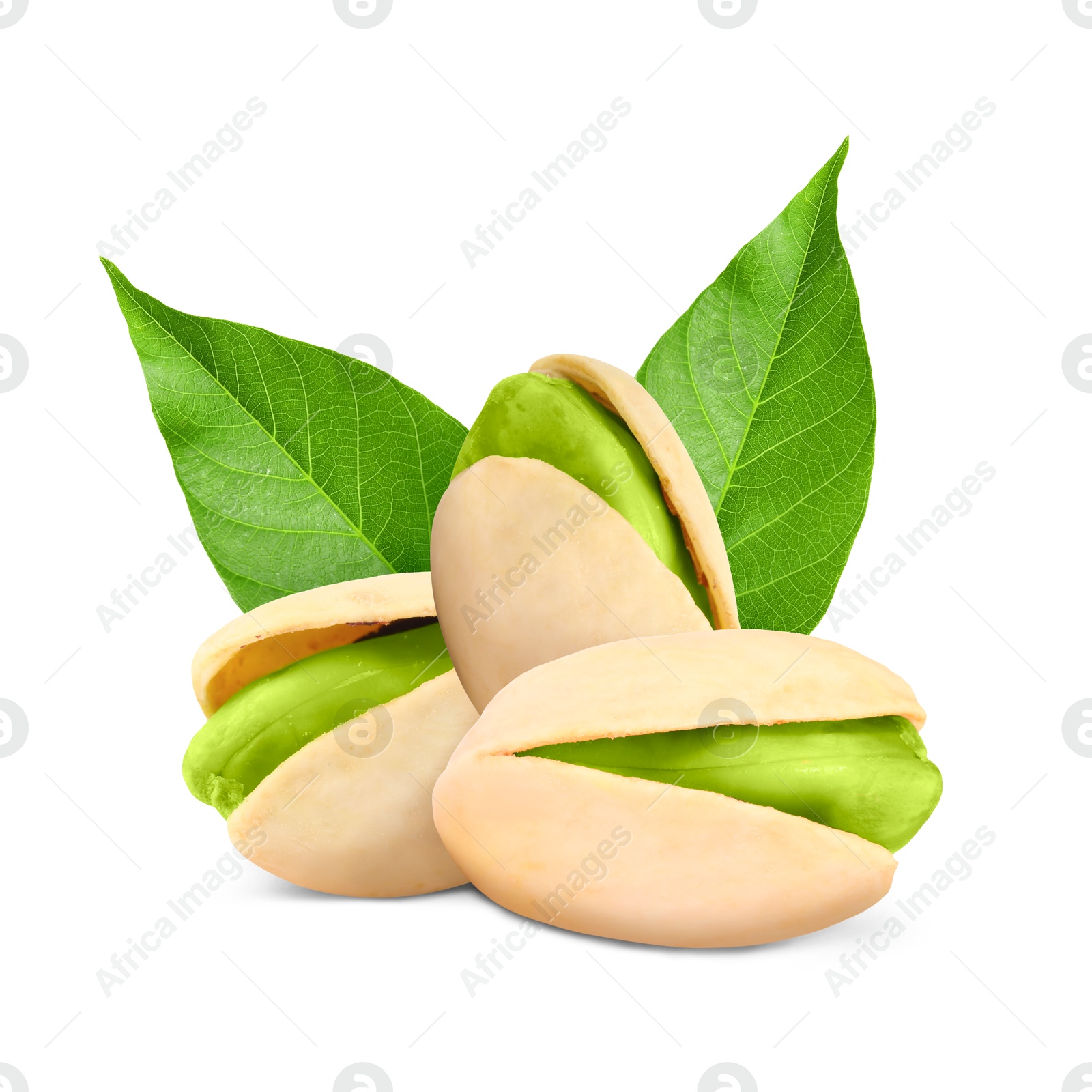 Image of Unshelled pistachios and green leaves on white background. Tasty nut