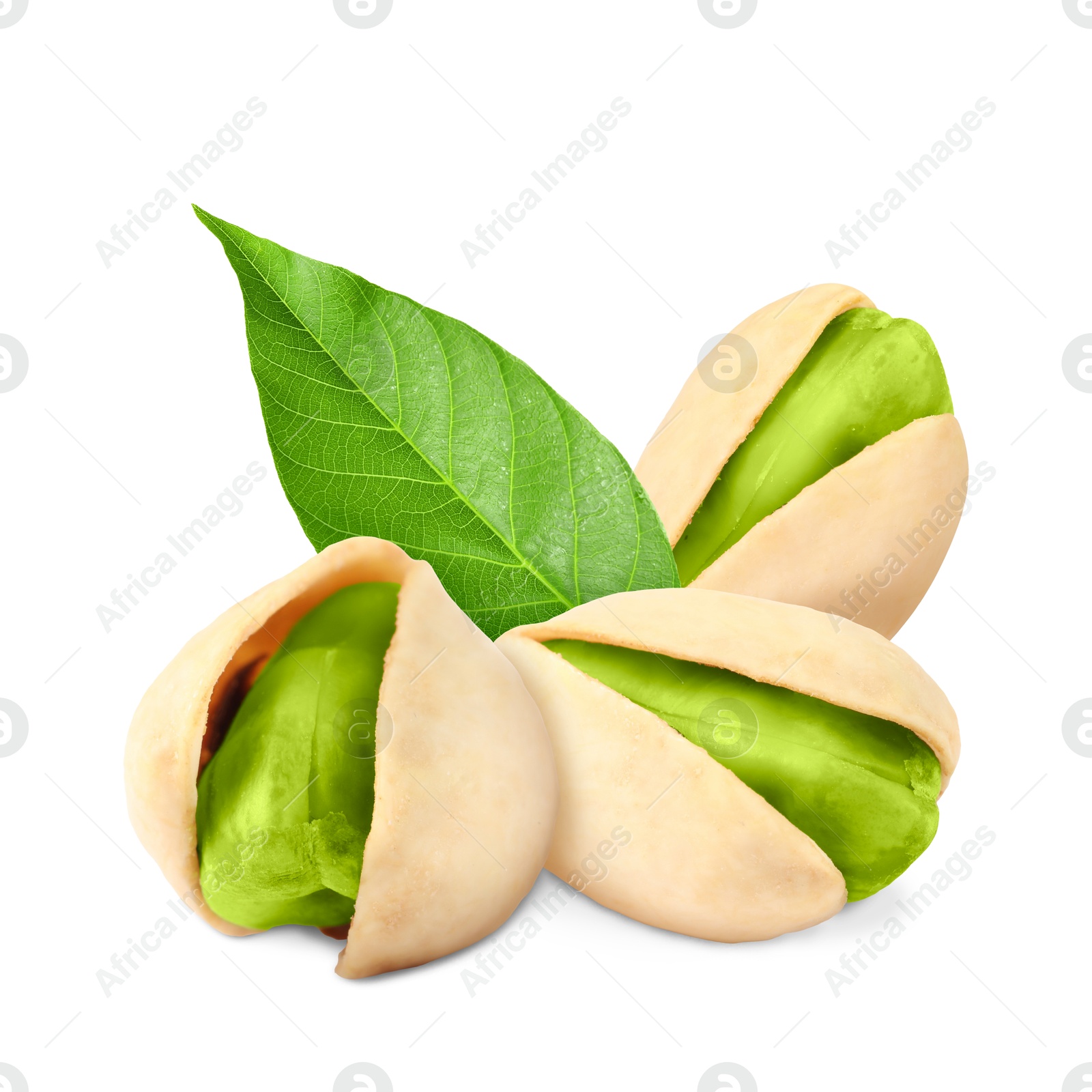 Image of Unshelled pistachios and green leaf on white background. Tasty nut