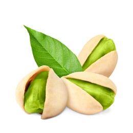 Image of Unshelled pistachios and green leaf on white background. Tasty nut