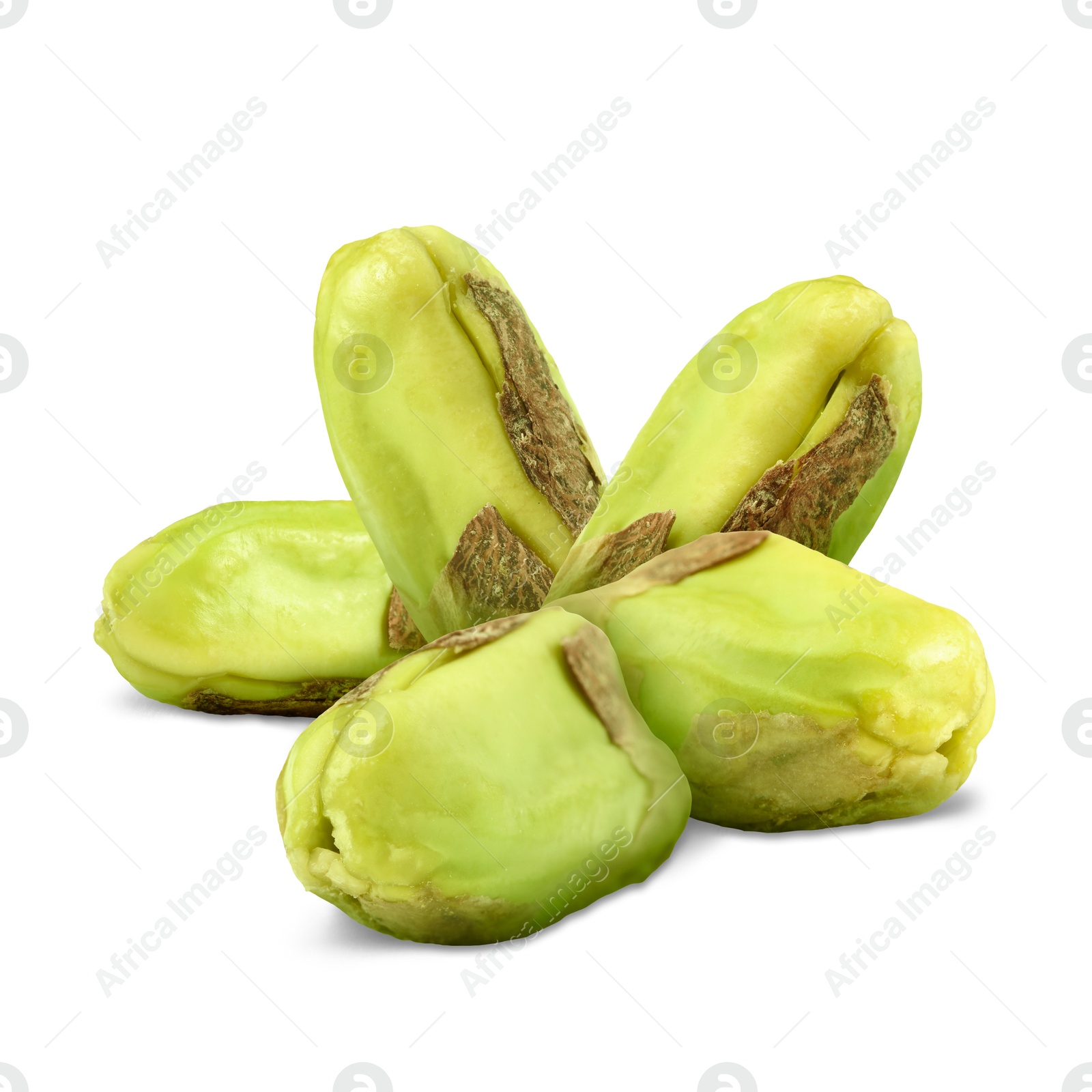 Image of Shelled pistachios on white background. Tasty nut