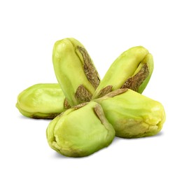 Image of Shelled pistachios on white background. Tasty nut