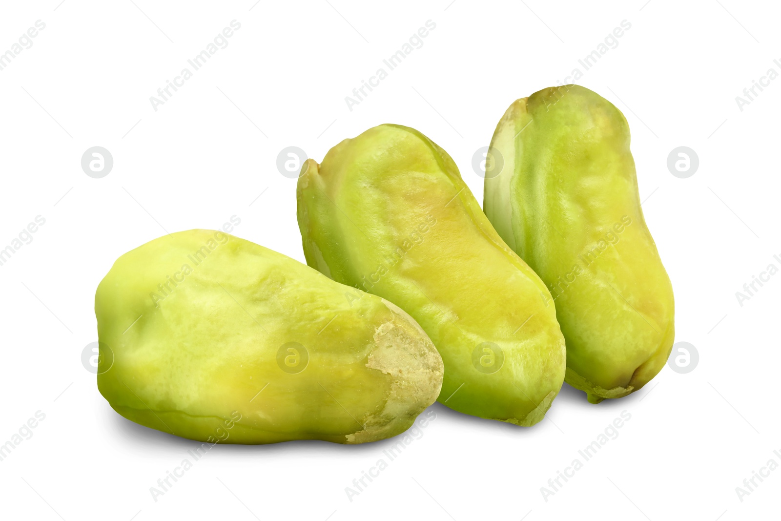 Image of Shelled pistachios on white background. Tasty nut