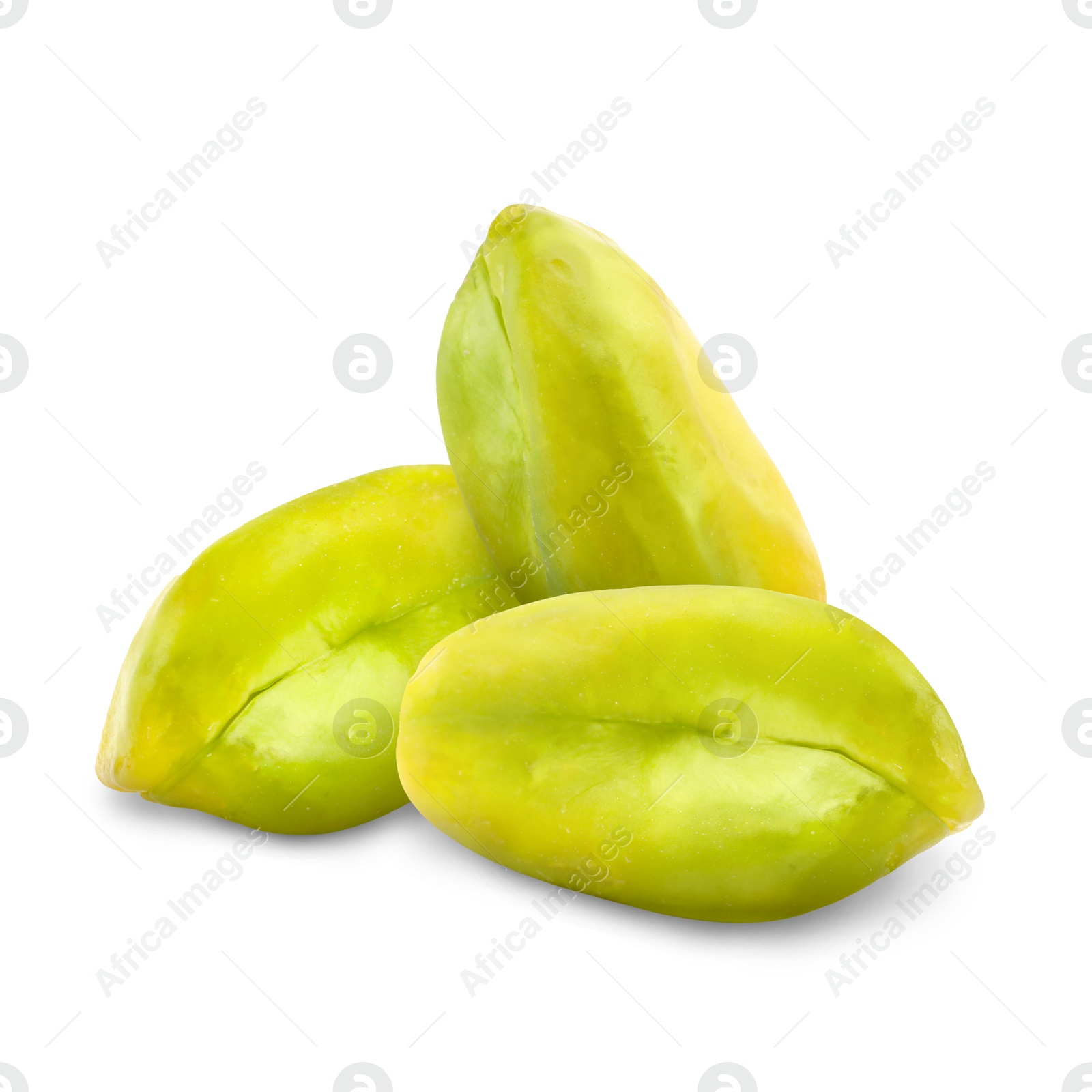 Image of Shelled pistachios on white background. Tasty nut